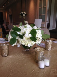 Short centerpiece of hydrangeas in a crystal compote surrounded by mercury glass votives 